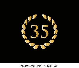 35th Anniversary Ring Logo Template. 35th Years Anniversary Logo With Golden Ring Isolated On Black Background, For Birthday, Anniversary And Company Celebration