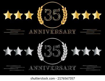 35th anniversary set gold and silver. Celebrating birthday, banner for special date with ring on isolated background.