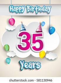 35th birthday Celebration Design, with clouds and balloons. Design greeting card and invitation for the celebration party of thirty five years anniversary