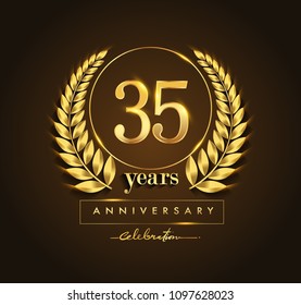 35th gold anniversary celebration logo with golden color and laurel wreath vector design.