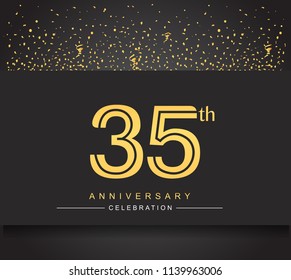 35th golden anniversary celebration logotype with confetti golden color isolated on black background, vector design for greeting card and invitation card