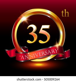 35th golden anniversary logo, 35 years anniversary celebration with ring and ribbon.