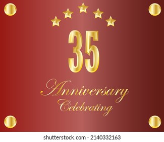 35th golden anniversary logo with ring, laurel wreath vector design.