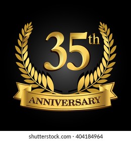 35th golden anniversary logo with ring and ribbon, laurel wreath vector design isolated on black background