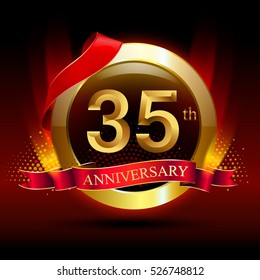 35th golden anniversary logo with ring and red ribbon. Vector design template elements for your birthday celebration.
