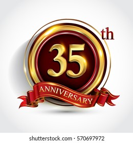 35th golden anniversary logo, thirty five years birthday celebration with ring and red ribbon isolated on white background