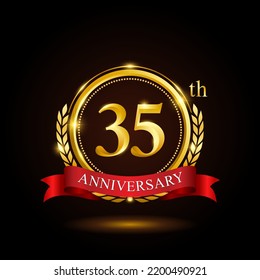 35th golden anniversary template design, with shiny ring and red ribbon, laurel wreath isolated on black background, logo vector