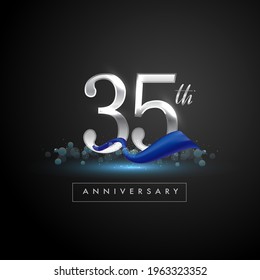 Logo del 35º aniversario de plata con cinta azul aislada en fondo elegante, brillo, diseño vectorial para tarjeta de felicitación y tarjeta de invitación.