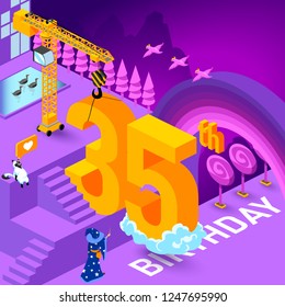 35th year Anniversary Celebration concept with characters. Flat isometric vector illustration