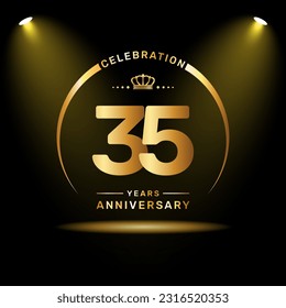 35th year anniversary celebration logo design with gold color number and ring, logo vector template