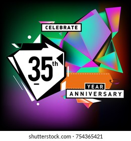 35th years anniversary card with colorful background. Thirty five years birthday logo on geometric colorful background.