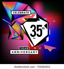 35th years anniversary card with colorful background. Thirty five years birthday logo on geometric colorful background.