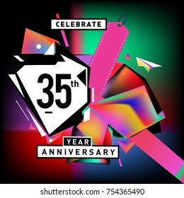 35th years anniversary card with colorful background. Thirty five years birthday logo on geometric colorful background.