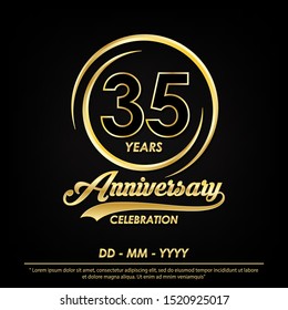 35th years anniversary celebration emblem. anniversary logo with elegance of golden ring on black background, vector illustration template design for celebration greeting card and invitation card