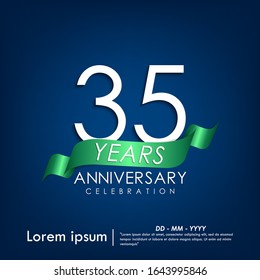 35th years anniversary celebration emblem. anniversary elegance white logo with green ribbon on blue background, vector illustration template design for web, flyers, greeting and invitation card