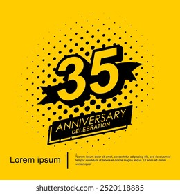 35th years anniversary celebration emblem. black logo isolated with ribbon on yellow background. vector illustration template design for web, flyers, poster, greeting card and invitation card