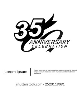 emblema de celebração do aniversário de 35 anos. logotipo preto isolado com fita em fundo branco. design de modelo de ilustração vetorial para web, folhetos, cartaz, cartão de saudação e cartão de convite