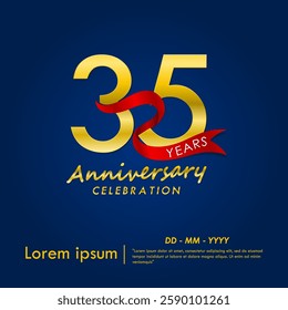 35th years anniversary celebration emblem. elegant golden anniversary logo isolated with red ribbon on dark blue background. vector illustration template design for web, flyers, poster, greeting card