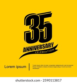 35th years anniversary celebration emblem. black anniversary logo isolated with ribbon on yellow background. vector illustration template design for web, flyers, poster, greeting card
