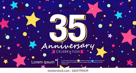 35th years anniversary celebration emblem. anniversary logo isolated with ribbon and stars twinkle sparkle. vector illustration template design for web, flyers, poster, invitation card, greeting card
