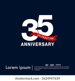 35th years anniversary celebration emblem. elegant anniversary logo isolated with red ribbon on dark blue background. vector illustration template design for web, flyers, poster, invitation card