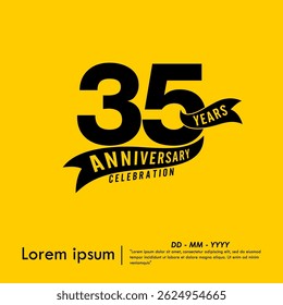 35th years anniversary celebration emblem. black logo isolated with ribbon on yellow background. vector illustration template design for web, flyers, poster, greeting card and invitation card