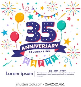 35th years anniversary celebration emblem. congratulations anniversary logo isolated with balloons, bunting flag, ribbon, fireworks and stars. vector illustration template design for web banner