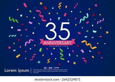 35th years anniversary celebration emblem. congratulations anniversary logo isolated with colorful confetti and stars and ribbons. vector illustration template design for web banner