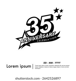 35th years anniversary celebration emblem. black anniversary logo isolated with ribbon and stars on white background. vector illustration template design for web, flyers, poster, greeting card