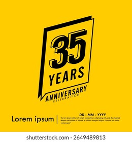 35th years anniversary celebration emblem. congratulations anniversary black logo isolated with speech ribbon badge on yellow background. vector illustration template design for web banner.