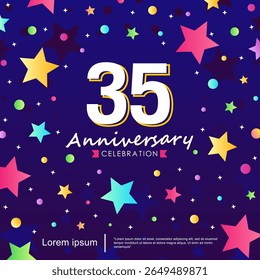 35th years anniversary celebration emblem. congratulation anniversary logo isolated with ribbon and stars twinkle sparkle. vector illustration template design for web, flyers, poster, greeting card