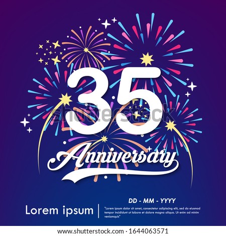 35th years anniversary celebration emblem. white anniversary logo isolated with colorful fireworks background. vector illustration template design for web, flyers, poster, greeting & invitation card
