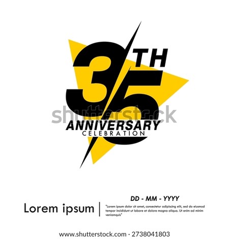 35th years anniversary celebration emblem. black anniversary logo isolated with yellow triangle on white background. vector illustration template design for web, flyers, poster, invitation card, greeting card