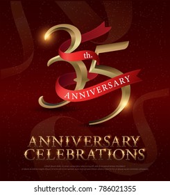 35th years anniversary celebration golden logo with red ribbon on red background. vector illustrator