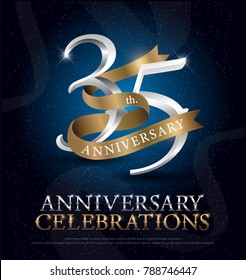 35th years anniversary celebration silver and gold logo with golden ribbon on dark blue background. vector illustrator