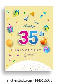 35th Years Anniversary invitation Design, with gift box and balloons, ribbon, Colorful Vector template elements for birthday celebration party.