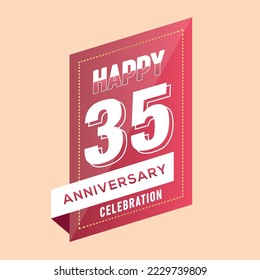 35th years anniversary logo template on brown background. celebrating whitenumbers with whiteribbon vector and confetti isolated design elements
