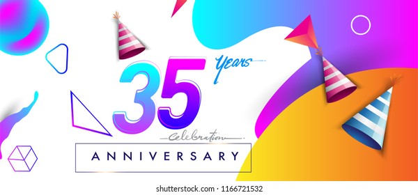 35th years anniversary logo, vector design birthday celebration with colorful geometric background and futuristic elements