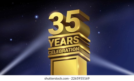 35th Years Celebration, 3D Gold Statue with Spotlights, Luxury Hollywood Light, Vector Illustration