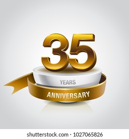 35th years golden anniversary logo celebration with ring and ribbon.