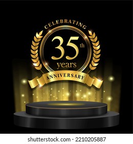35th years golden anniversary logo celebration with ring ribbon and 3d podium. isolated on black background