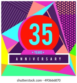 35th years greeting card anniversary with colorful number and frame. logo and icon with Memphis style cover and design template. Pop art style design poster and publication.