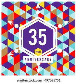 35th years greeting card anniversary with colorful number and frame. logo and icon with Memphis style cover and design template