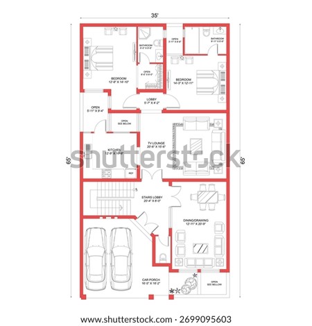 35x65 house floor plan design