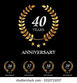 36 , 37 , 38 , 39 , 40 years gold anniversary celebration simple logo, isolated on dark background