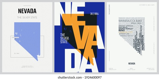 36 of 50 sets, US State Posters with name and Information in 3 Design Styles, Detailed vector art print Nevada map