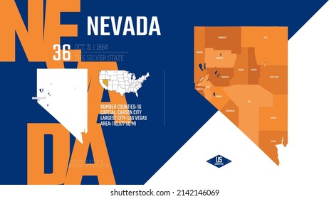 36 of 50 states of the United States, divided into counties with territory nicknames, Detailed vector Nevada Map with name and date admitted to the Union, travel poster and postcard