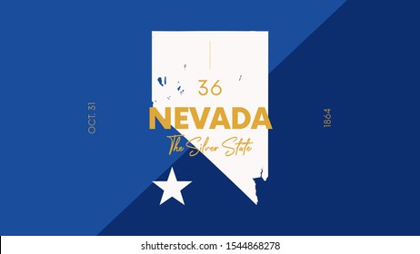 36 of 50 states of the United States with a name, nickname, and date admitted to the Union, Detailed Vector Nevada Map for printing posters, postcards and t-shirts