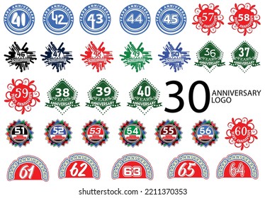 36 to 65 years anniversary logo and sticker design bundle