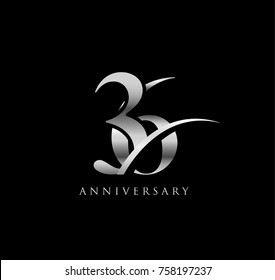36 anniversary elegance silver logo. linked number with swoosh on black background